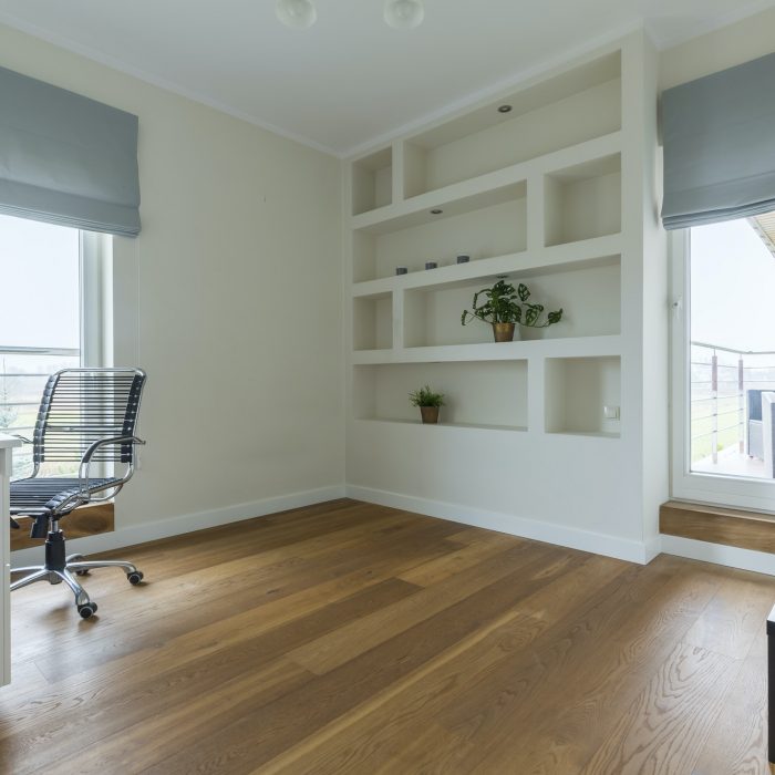 Office with wooden floor